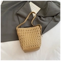 Khaki hollowed-out shoulder bucket bag with laser-cut geometric patterns and pebble leather texture - No Pendant / Khaki