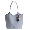 Light blue-grey woven tote bag with cartoon girl charm and silver metal logo - Blue with Pendant