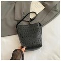 Chic black hollow-out bucket bag with lychee texture and thin shoulder strap for women - No Pendant / Black