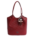 Red woven texture tote bag in PU leather with long strap and metal letter decor - Red with Pendant