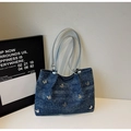 Deep blue denim shoulder bag featuring 3D silver butterfly charms and glitter details - Royal Blue Without Charm