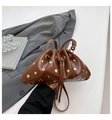 Brown drawstring bucket bag with silver studs and smooth faux leather finish - Brown