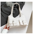 Minimalist ivory underarm bag with double front pockets and silver buckles - White