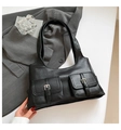 Minimalist black underarm bag for women with dual front pockets and silver buckles - Black