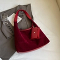 Sac fourre-tout minimaliste en velours bordeaux avec lanières en cuir et pochette - Bordeaux