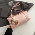 Chic pink square tote bag in smooth leather with GLEAREK logo and cute bear charm - Pink With Pendant