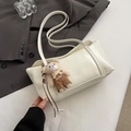 Minimalist cream square shoulder bag with thin straps and a cute plush bear charm - White With Pendant