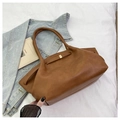 Brown minimalist tote bag in soft faux leather with golden buckle and twin handles - Brown