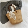 Straw tote bag with brown leather handles and a white lace bow for beach vacations - With Silk Scarf / Khaki