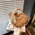 Borsa a mano in paglia intrecciata con fiocco in pizzo e fodera per l'estate mare - Cachi Piccolo