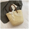 Straw tote bag in beige with brown leather handles and a delicate white lace bow detail - With Silk Scarf / Beige