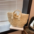 Borsa a mano in paglia intrecciata beige con manico in pizzo e fodera con coulisse - Bianco Crema Grande