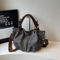 Vintage gray tote bag in matte PU leather with brown handles and utility eyelets - Black