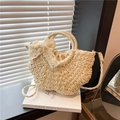 Sac à main en paille tressée beige avec nœud en dentelle et poignée ronde - Beige Moyen