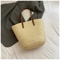 Handwoven cream straw tote bag with brown leather handles and vintage metal rivets - Without Scarf / Beige