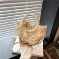 Sac à main en paille tressée blanc crème avec nœud en dentelle et doublure - Blanc Cassé Petit