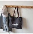 Japanische dunkelgraue Canvas-Einkaufstasche mit braunen Ledergriffen und Aufdruck - Dunkelbraun