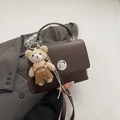 Dark brown women's top handle crossbody bag with a cute teddy bear charm - With Pendant / Brown
