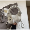 Elegant white pleated hobo handbag with pearl bow charm and silver chain strap - Off-white with Charm