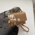 Brown faux leather crossbody bag with silver twist lock and cute teddy bear charm - With Pendant / Khaki