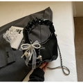 Chic black crescent handbag with ruched handle and elegant pearl chain accessories - Black with Pendant