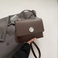 Deep brown matte leather messenger bag with silver round twist lock and top handle - No Pendant / Brown
