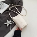 Chic beige lychee textured phone bag with silver star and balloon dog charms - White With Pendant