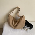 Large khaki crescent tote bag in woven fabric for office commuting and daily use - Khaki