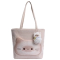 Beige tote tas met groot cartoon kattengezicht en een zachte pluche kattenhanger - Geroosterd Brood Met Hanger
