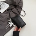Minimalist black lychee pattern leather crossbody phone bag with a silver star pendant - Black With Pendant