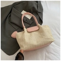 Beige gewebte Tasche mit rosa Lederbesatz und Tragegriffen für den Sommer am Strand - Rosa