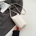 Minimalist creamy white lychee leather phone crossbody bag with embossed logo - White Without Pendant