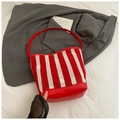 Red and white striped mesh bucket bag with leather trim and matching shoulder strap - Small / Red