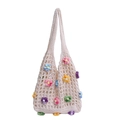 Sac fourre-tout beige au crochet avec fleurs 3D colorées pour vacances d'été - Blanc Cassé