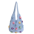 Sac fourre-tout au crochet bleu clair avec fleurs tricotées en 3D pour les vacances d'été - Bleu