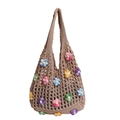 Sac fourre-tout au crochet beige avec fleurs 3D colorées et poignées tressées - Khaki