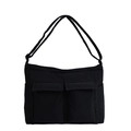 Minimalist black canvas messenger bag with dual front pockets and adjustable strap - Black