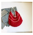 Handcrafted red crochet tote bag with white horizontal stripes and woven shoulder strap - No Pendant / Red