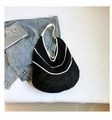 Contrast knit hollow shoulder bag with black weaving and white crochet edges - No Pendant / Black