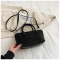 Black fashion square bag with pleated fabric texture and circular handles for women - Black