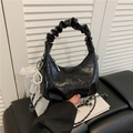 Glossy black ruched cloud shoulder bag with silver chain and pearl lace charm - Silver with Charm