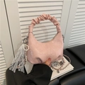 Pink dumpling cloud bag with ruched handle and pearl lace charm in glossy finish - Pink With Pendant