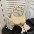 Chic cream yellow crinkled leather cloud bag with scrunchie handle and pearl charm - Yellow with Pendant