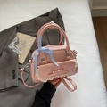 Pink bow handbag with pleated texture and lace pocket featuring blue gingham ribbon - Pink