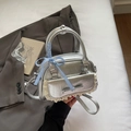 Silver wrinkled bow handbag with lace trim and ribbon handle for women - Silver