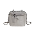 Mini borsa box argento con motivo a serpente, tracolla a catena e decoro camelia - Stampa Serpente Piccola