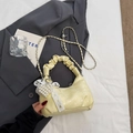 Pleated yellow leather handbag with lace bow, pearl heart charm and chain strap - Yellow with Pendant