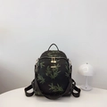 Fashionable black backpack with green leaf pattern and premium gold metal zippers - Black