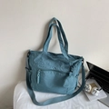 Gray-blue nylon tote bag with adjustable shoulder strap and round mini pouch - Blue