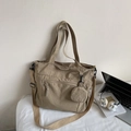 Khaki large capacity nylon tote bag with adjustable strap and small round coin purse - Khaki